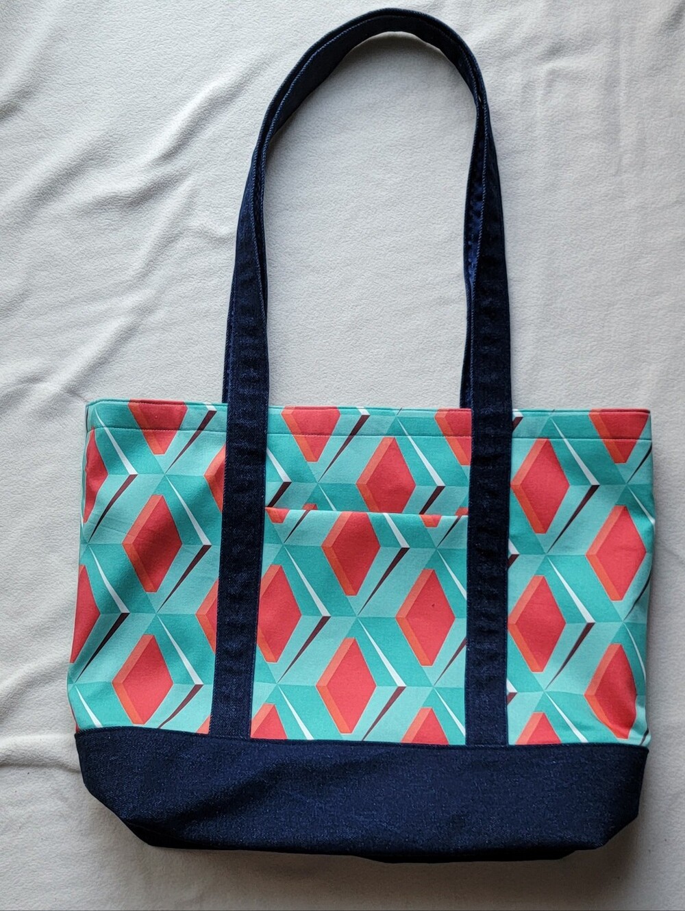 Canvas Geometric Print Tote Bag in Teal & Coral